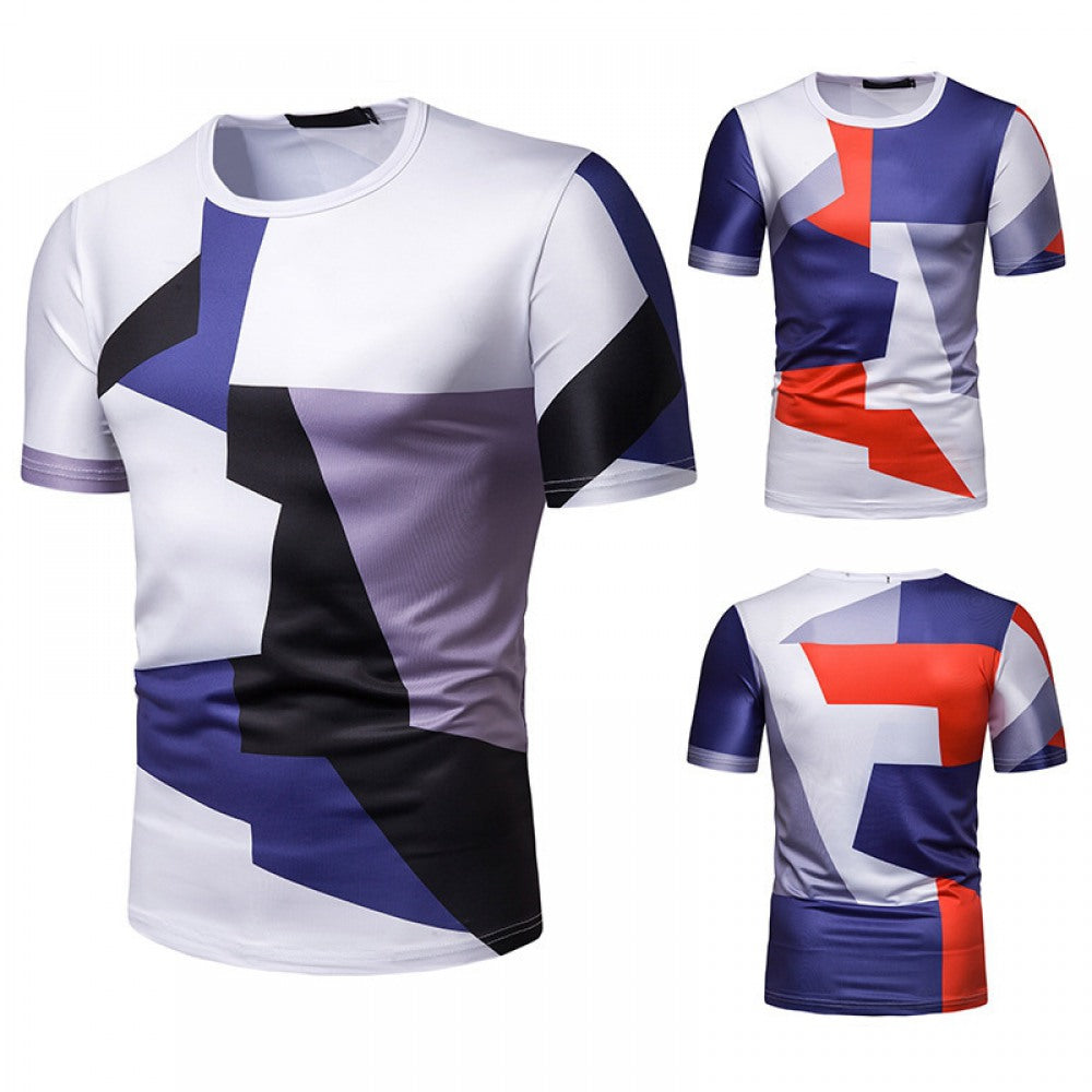 New Summer Men's Color Matching Print Short-Sleeved T-Shirt